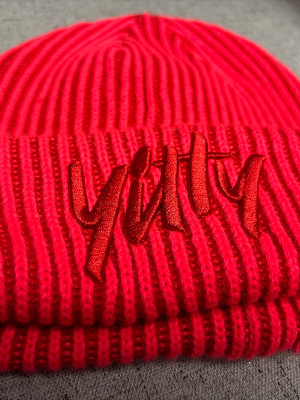YITTY Bright Red Ribbed Beanie with Script Logo